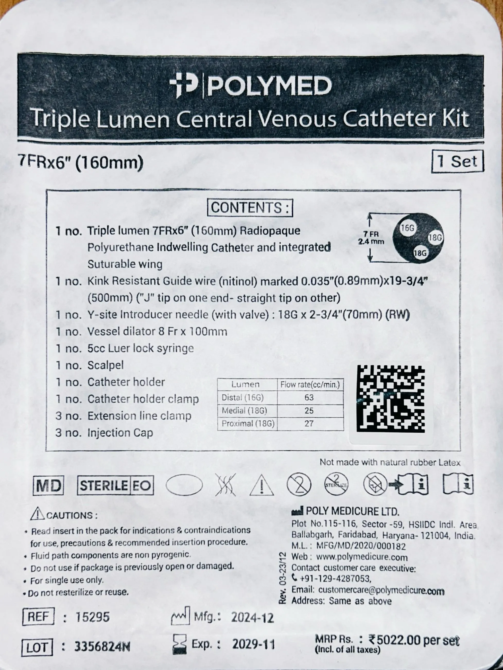 Polymed Triple Lumen Central Venous Catheter Kit- 7FR*6