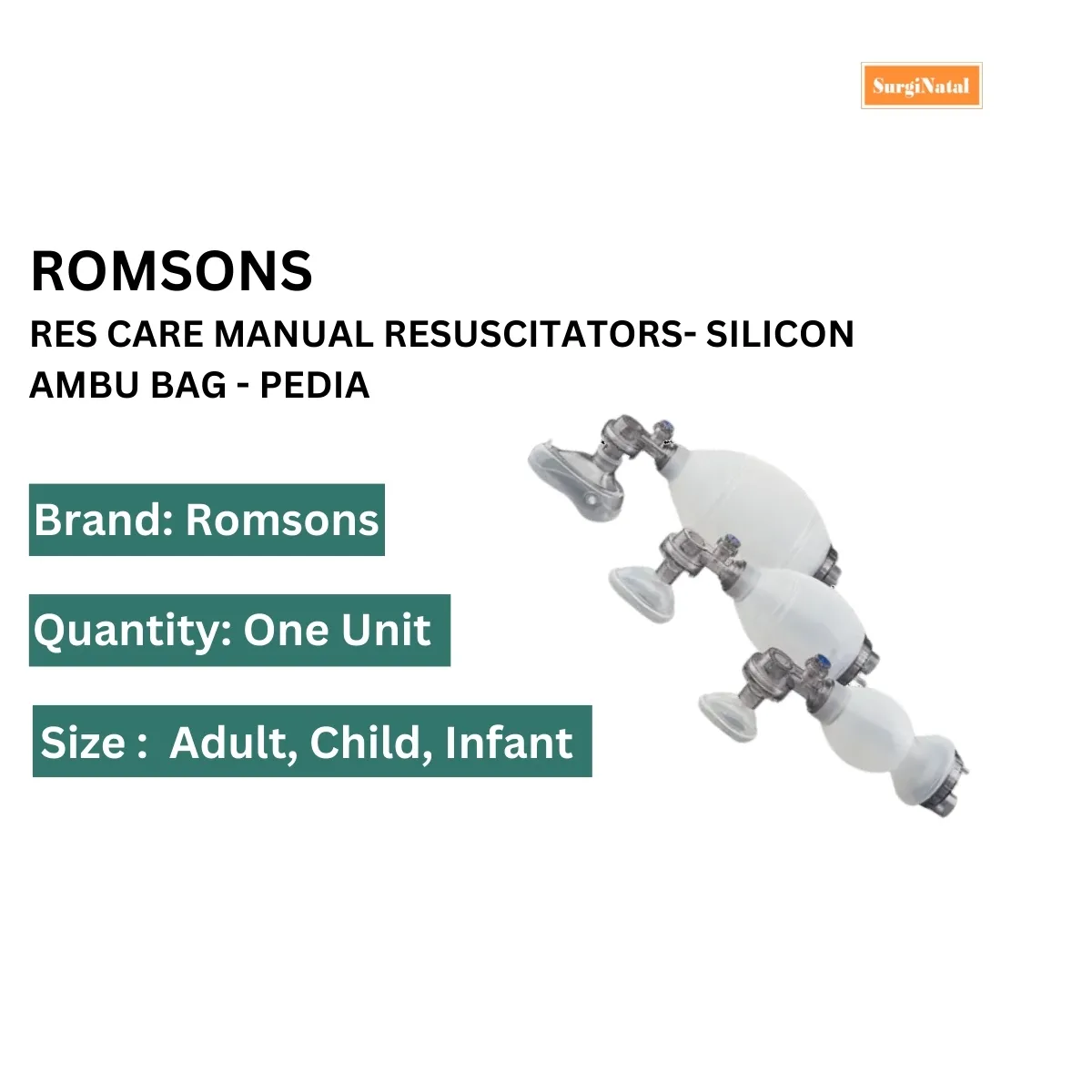 Romsons Res Care Manual Resuscitators- Silicon Ambu bag - Pedia