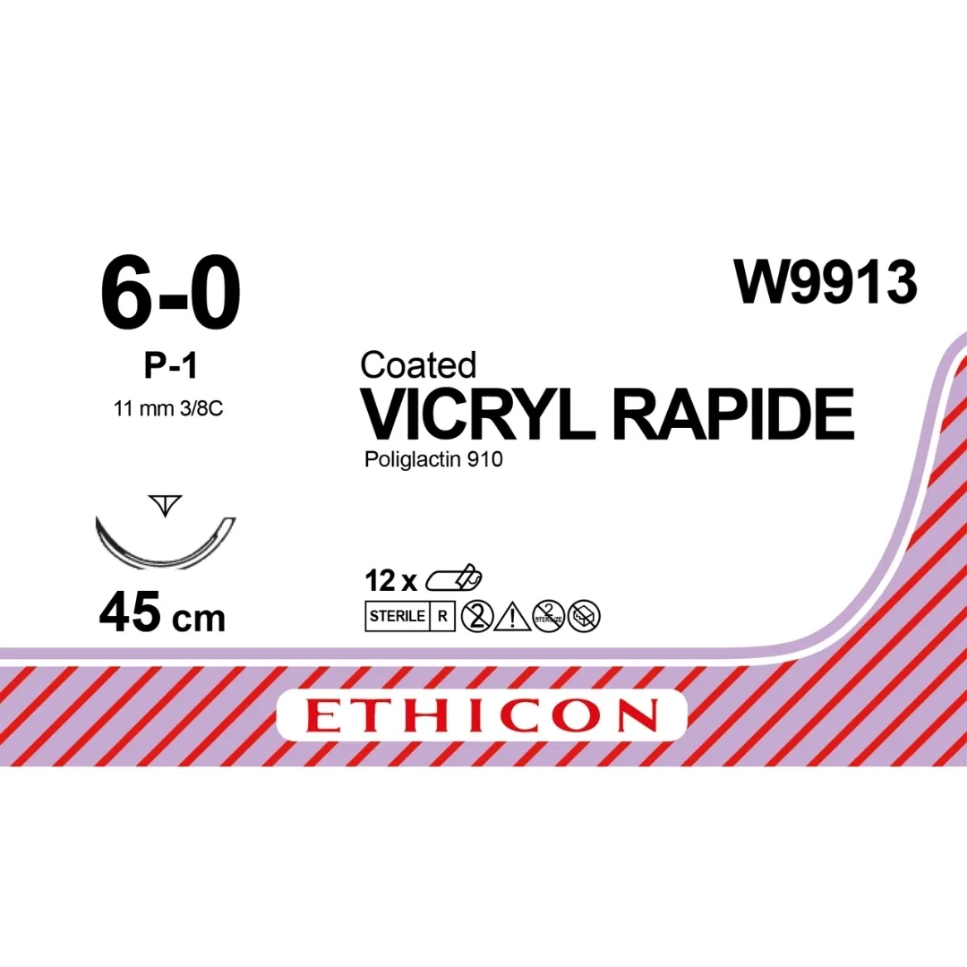 Ethicon Vicryl Rapide Sutures USP 6-0, 3/8 Circle Reverse Cutting Prime P-1 - W9913 - 12 Foils Box
