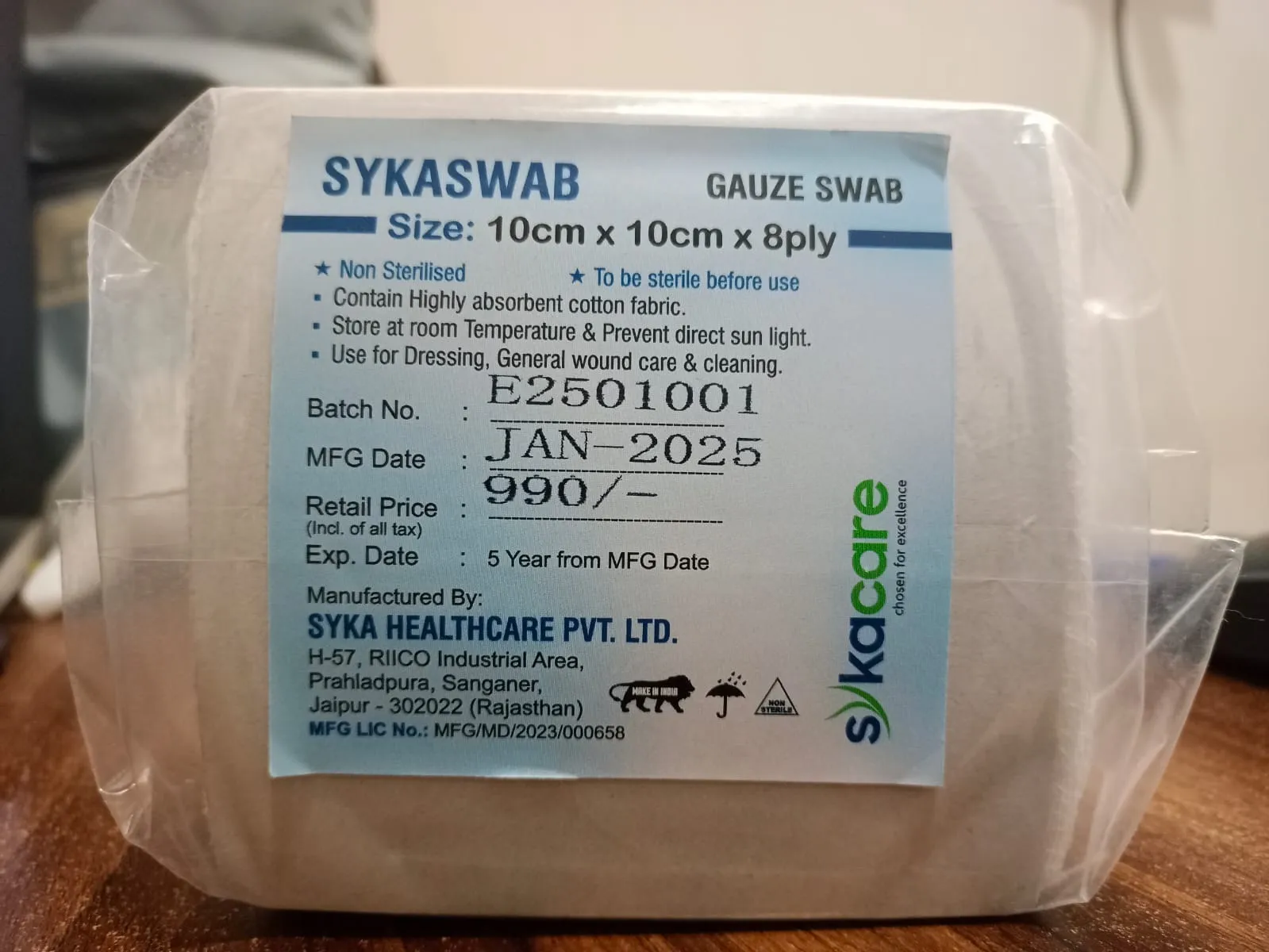 Syka Gauze Swab unsterile 10cm X 10cm 8Ply